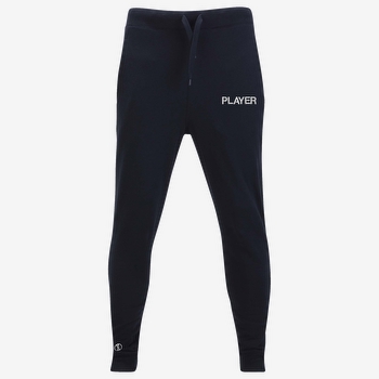 Navy Champion fleece joggers with embroidered name.