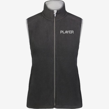 Black full-zip fleece vest with embroidered name.