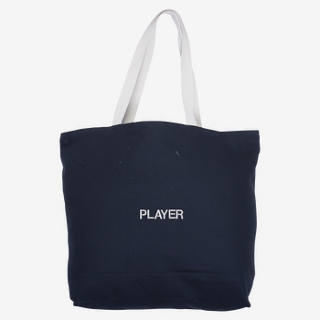 Navy canvas tote bag with embroidered name.