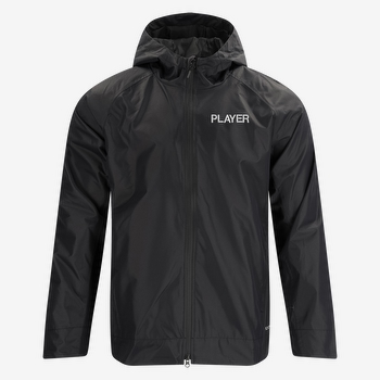Black hooded rain jacket with embroidered name.