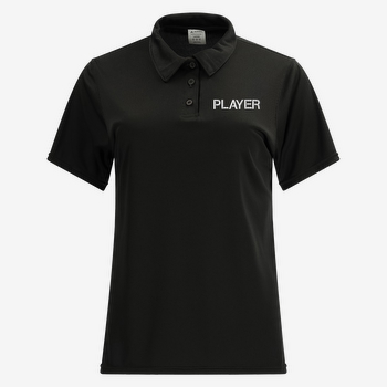 Black short-sleeve performance polo with embroidered name.